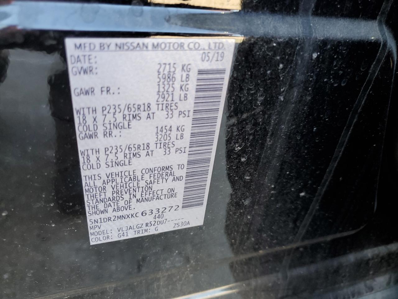 2019 Nissan Pathfinder VIN 5N1DR2MNXKC633272 Copart auction photo, front end / minor dent/scratches damage thumbnail 15