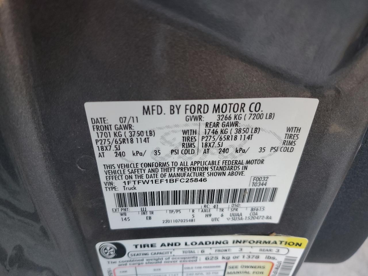 2011 Ford F-150 VIN 1FTFW1EF1BFC25846 Copart auction photo, front end damage thumbnail 14