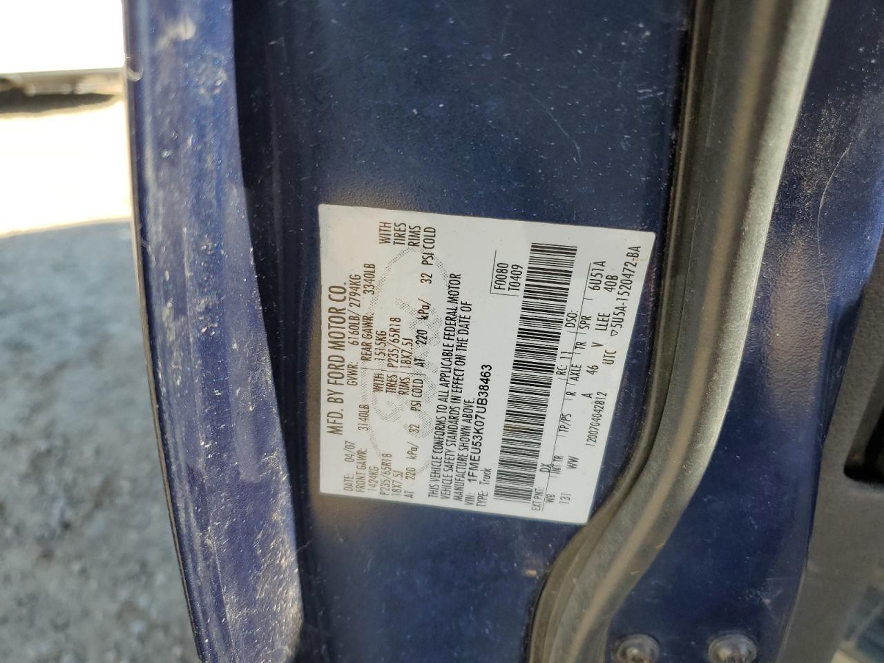 2007 Ford Explorer VIN 1FMEU53K07UB38463 Copart auction photo, minor dent/scratches damage thumbnail 12
