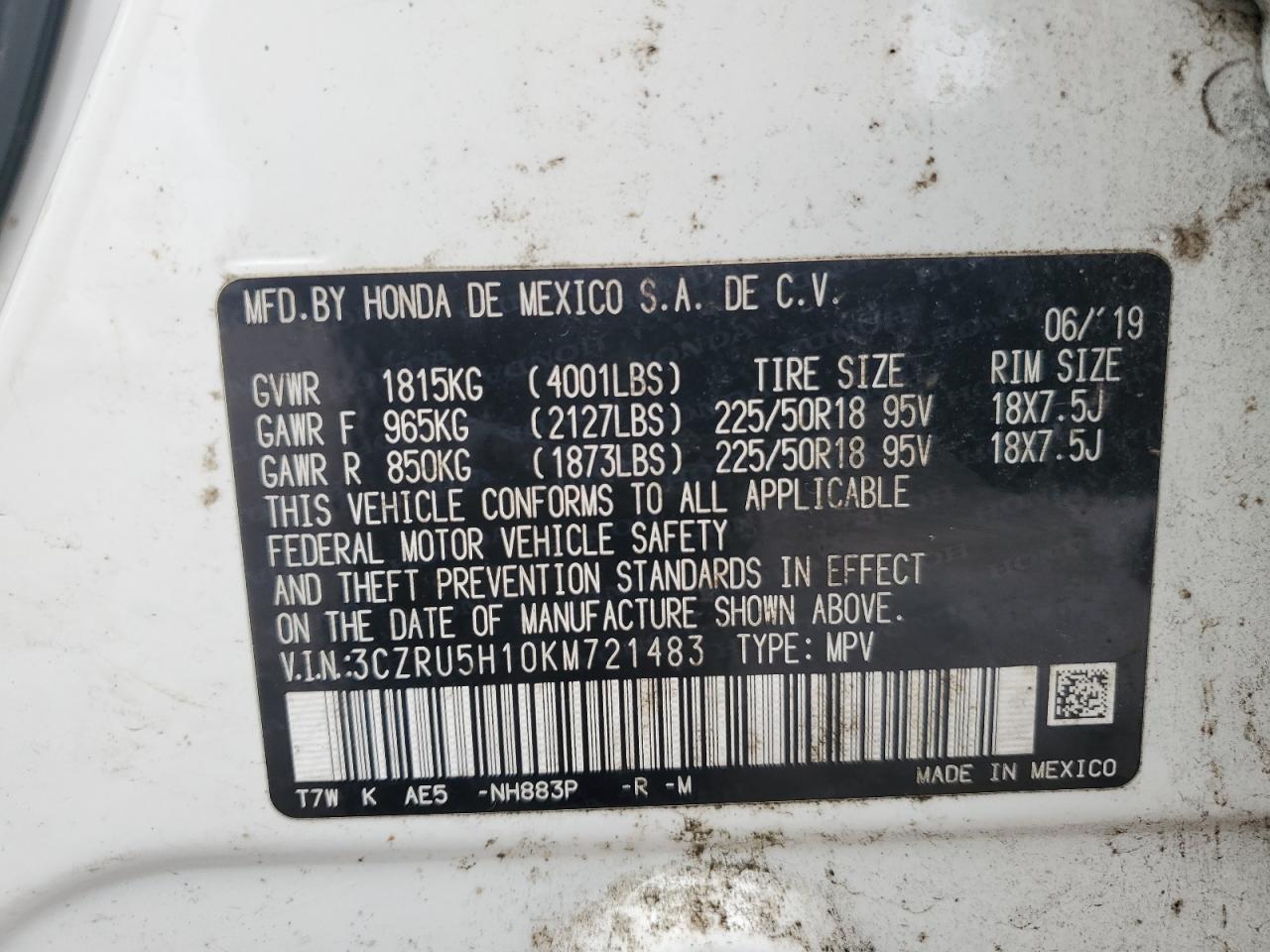 2019 Honda HR-V VIN 3CZRU5H10KM721483 Copart auction photo, front end damage thumbnail 14