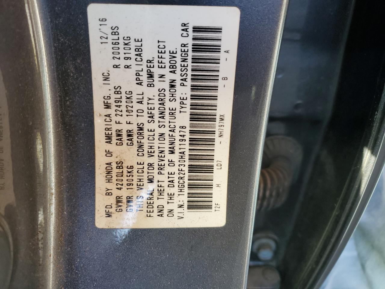 2017 Honda Accord VIN 1HGCR2F30HA119478 Copart auction photo, front end / side damage thumbnail 12