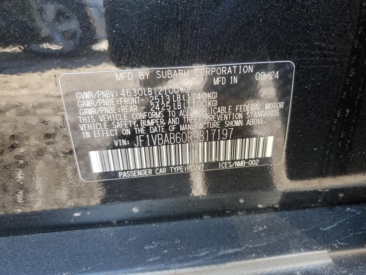 2024 Subaru WRX VIN JF1VBAB60R9817197 Copart auction photo, front end damage thumbnail 14