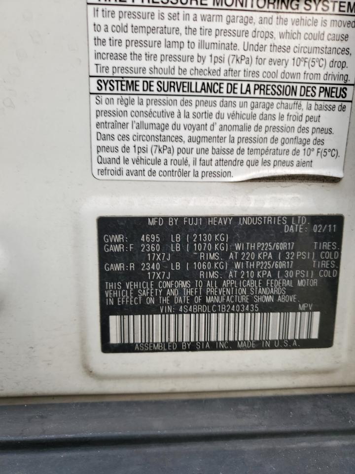 2011 Subaru Outback VIN 4S4BRDLC1B2403435 Copart auction photo, rear end damage thumbnail 14