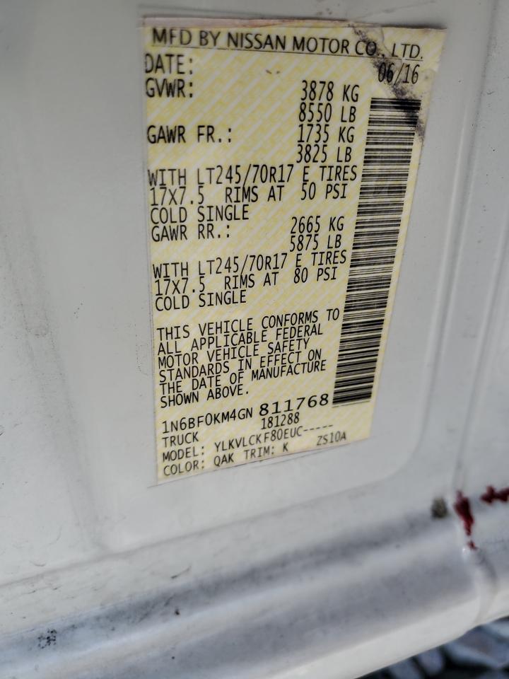 2016 Nissan NV VIN 1N6BF0KM4GN811768 Copart auction photo, rear end damage thumbnail 10
