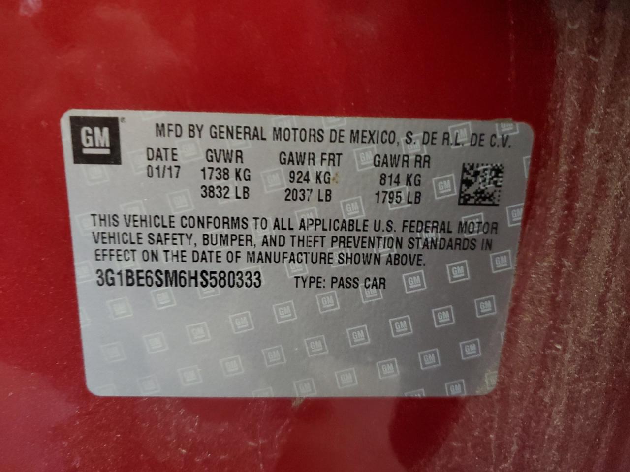 2017 Chevrolet Cruze VIN 3G1BE6SM6HS580333 Copart auction photo, minor dent/scratches damage thumbnail 12