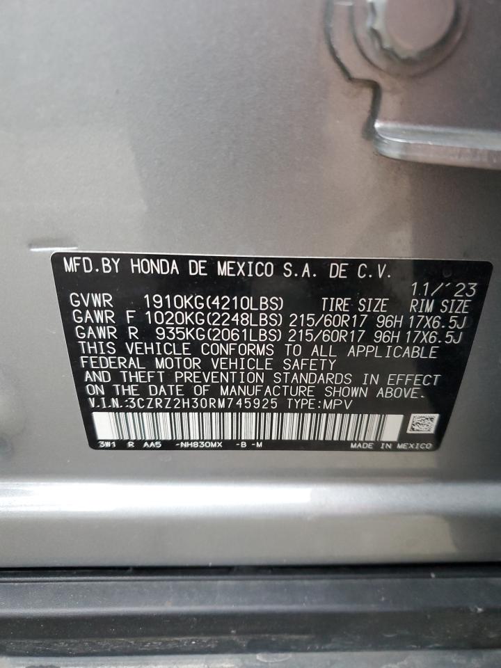 2024 Honda HR-V VIN 3CZRZ2H30RM745925 Copart auction photo, all over damage thumbnail 13