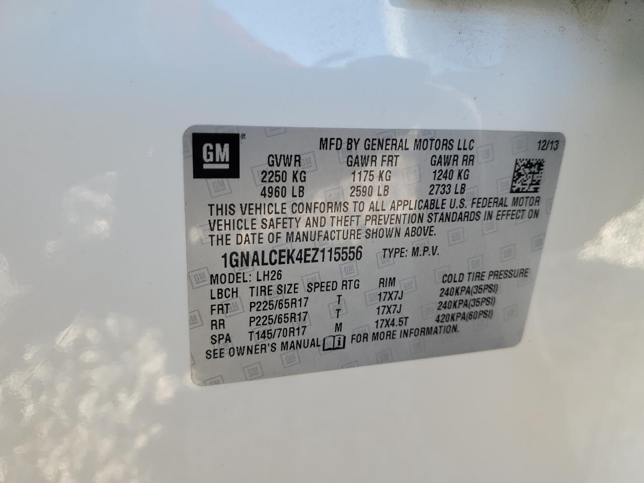 2014 Chevrolet Equinox VIN 1GNALCEK4EZ115556 Copart auction photo, side / all over damage thumbnail 15