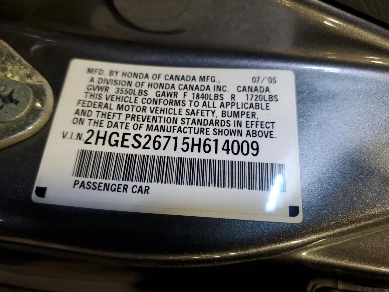 2005 Honda Civic VIN 2HGES26715H614009 Copart auction photo, front end damage thumbnail 12