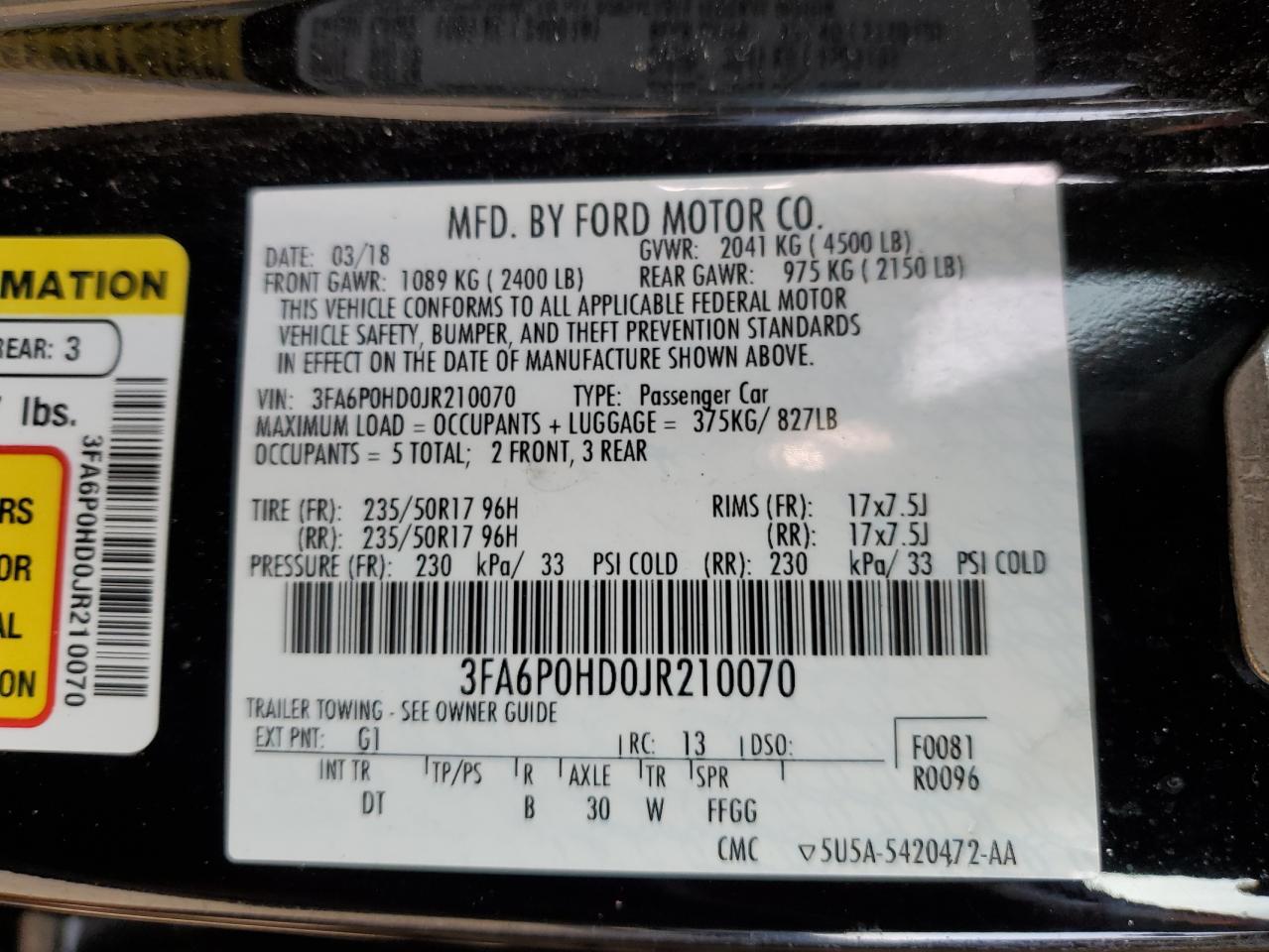 2018 Ford Fusion VIN 3FA6P0HD0JR210070 Copart auction photo, front end / minor dent/scratches damage thumbnail 14