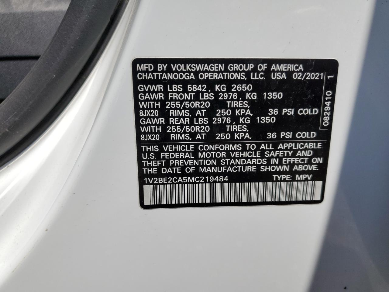 2021 Volkswagen Atlas VIN 1V2BE2CA5MC219484 Copart auction photo, water/flood / all over damage thumbnail 14