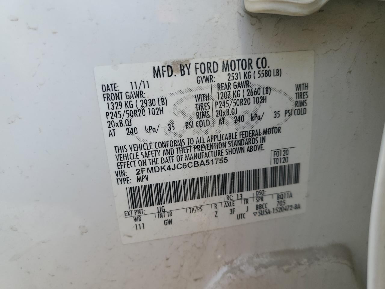 2012 Ford Edge VIN 2FMDK4JC6CBA51755 Copart auction photo, front end damage thumbnail 13