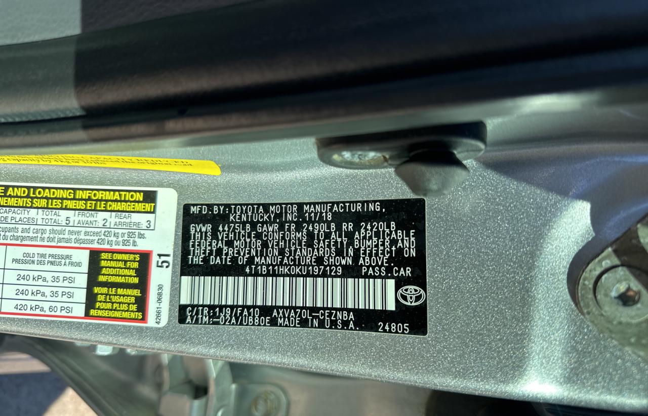2019 Toyota Camry VIN 4T1B11HK0KU197129 Copart auction photo, normal wear damage thumbnail 10