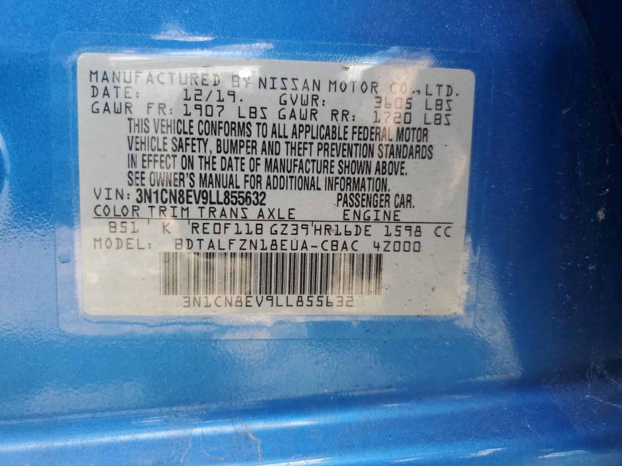 2020 Nissan Versa VIN 3N1CN8EV9LL855632 Copart auction photo, front end / side damage thumbnail 12