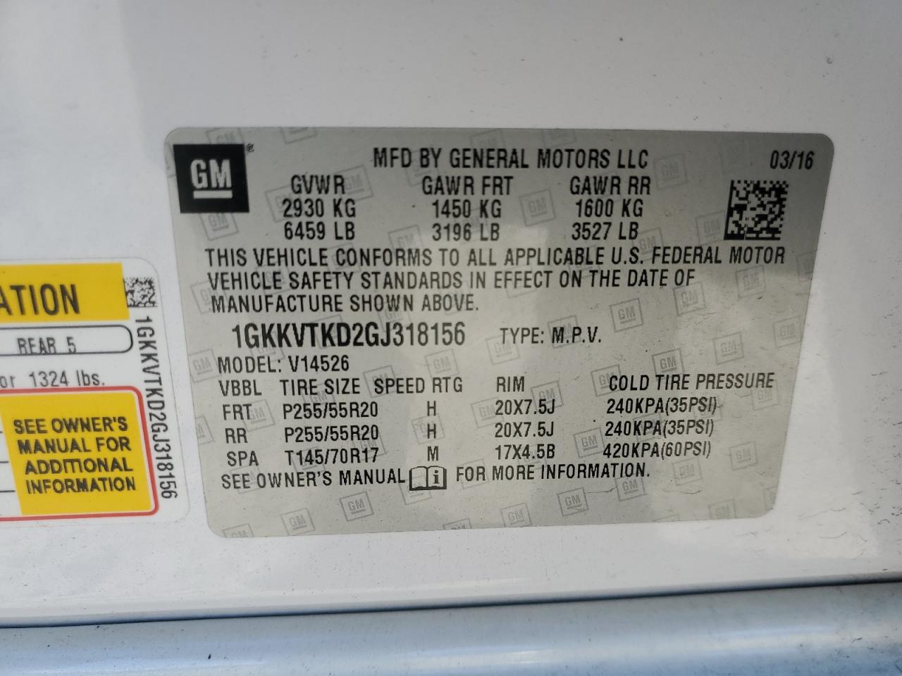 2016 GMC Acadia VIN 1GKKVTKD2GJ318156 Copart auction photo, front end damage thumbnail 14