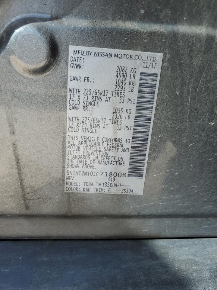 2018 Nissan Rogue VIN 5N1AT2MT0JC718008 Copart auction photo, rear end / side damage thumbnail 12