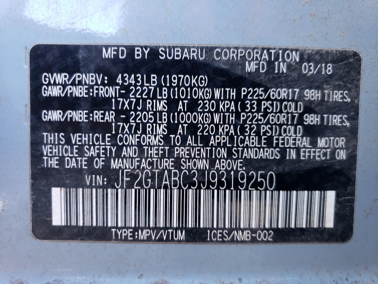 2018 Subaru XV VIN JF2GTABC3J9319250 Copart auction photo, front end / hail damage thumbnail 12