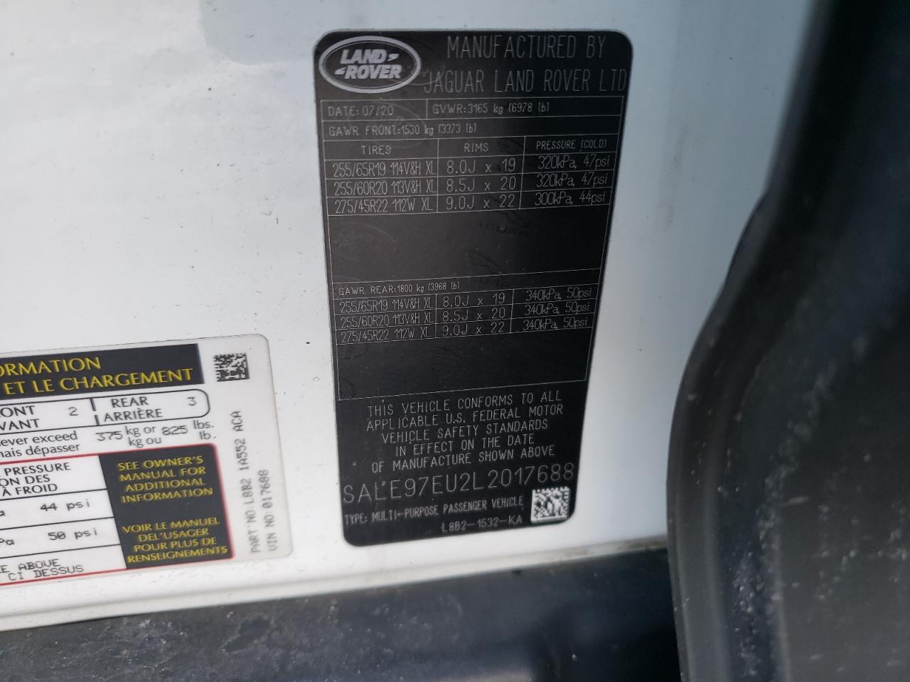 2020 Land Rover Defender VIN SALE97EU2L2017688 Copart auction photo, front end damage thumbnail 12