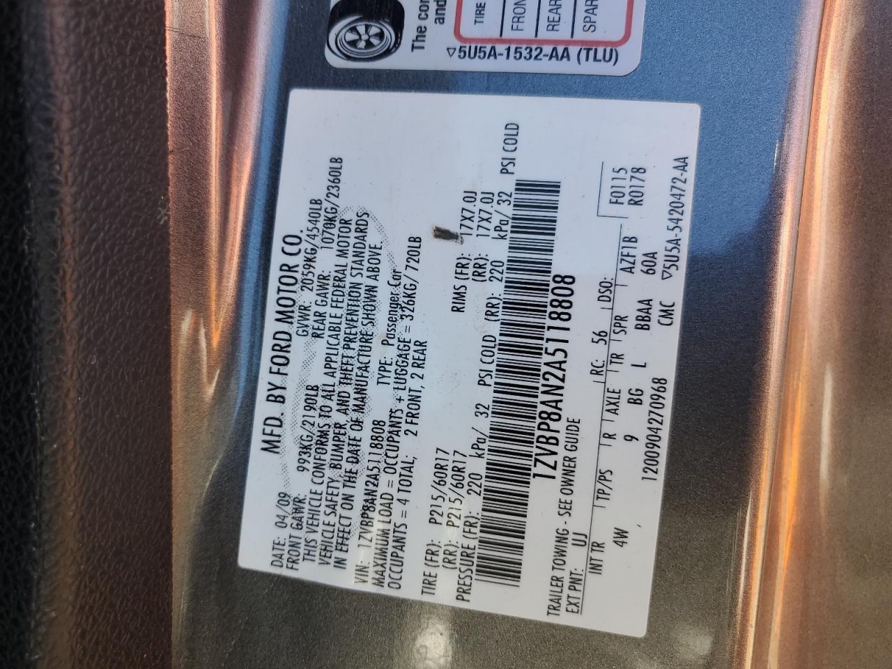 2010 Ford Mustang VIN 1ZVBP8AN2A5118808 Copart auction photo, front end damage thumbnail 13