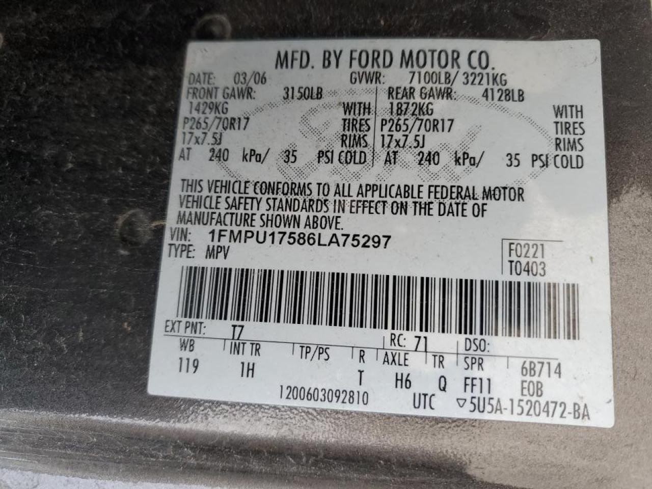 2006 Ford Expedition VIN 1FMPU17586LA75297 Copart auction photo, hail / side damage thumbnail 13