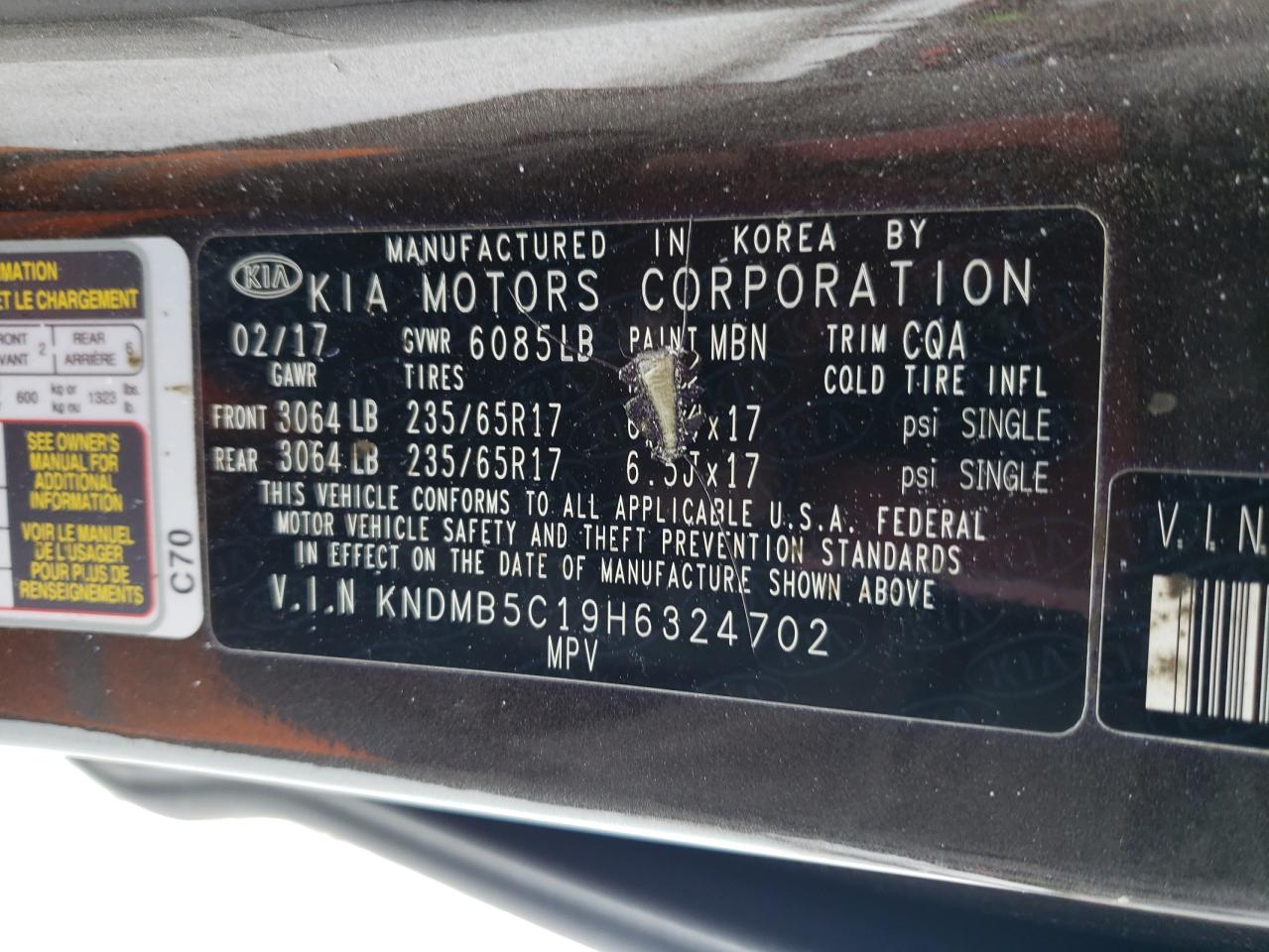 2017 KIA Sedona VIN KNDMB5C19H6324702 Copart auction photo, front end / side damage thumbnail 14