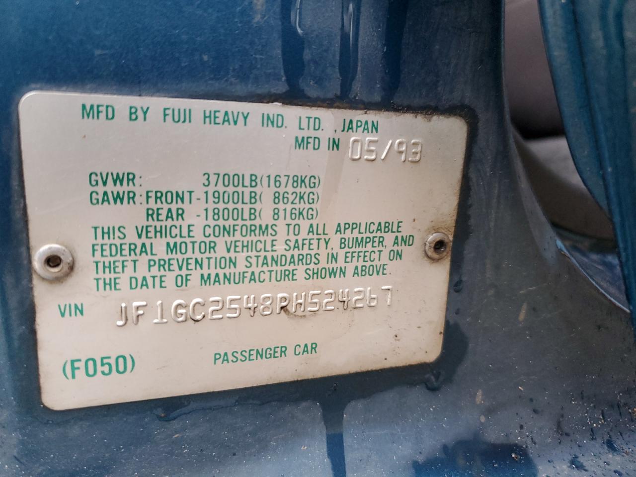1993 Subaru Impreza VIN JF1GC2548PH524267 Copart auction photo, front end damage thumbnail 13