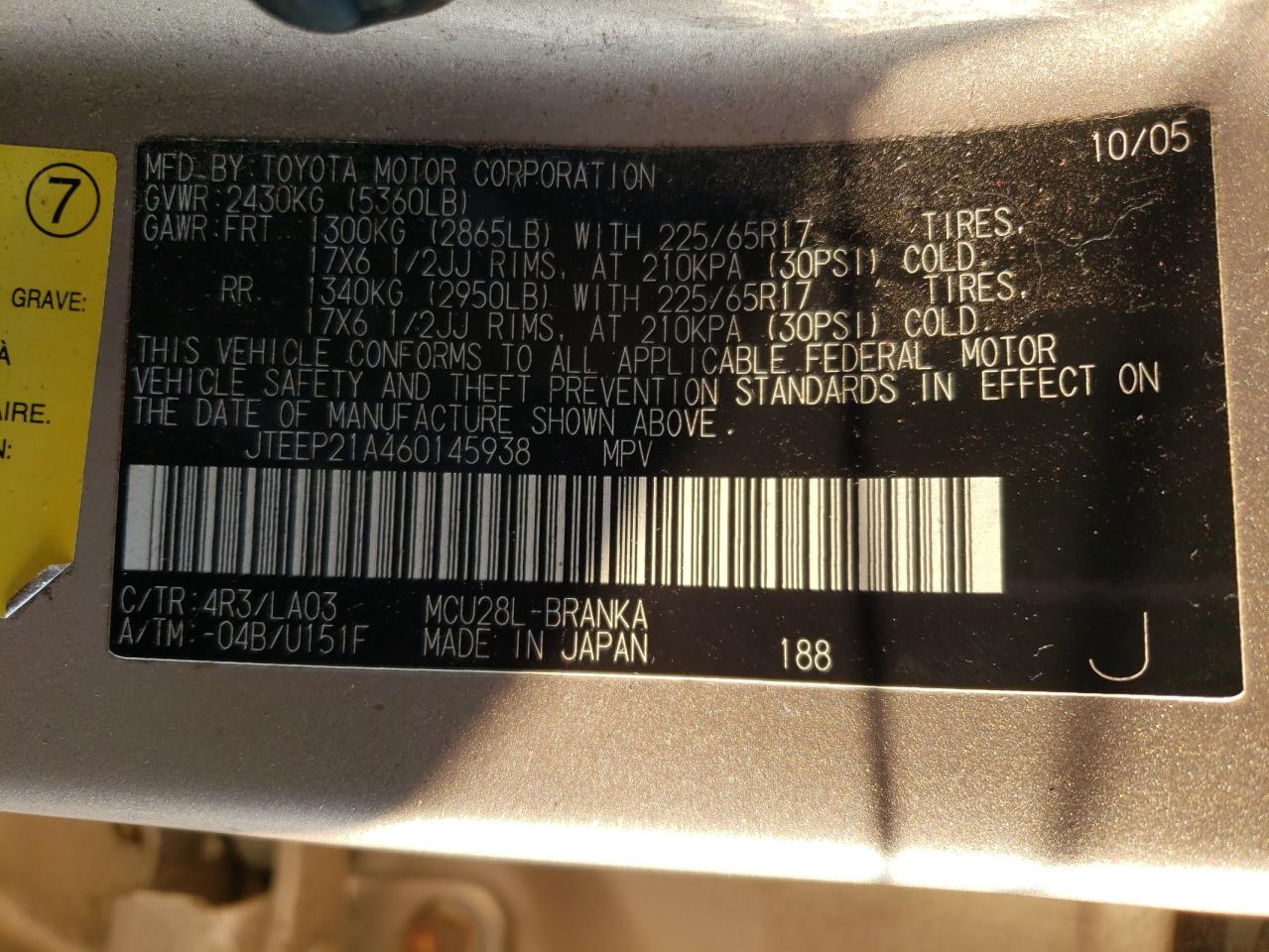 2006 Toyota Highlander VIN JTEEP21A460145938 Copart auction photo, front end / side damage thumbnail 13