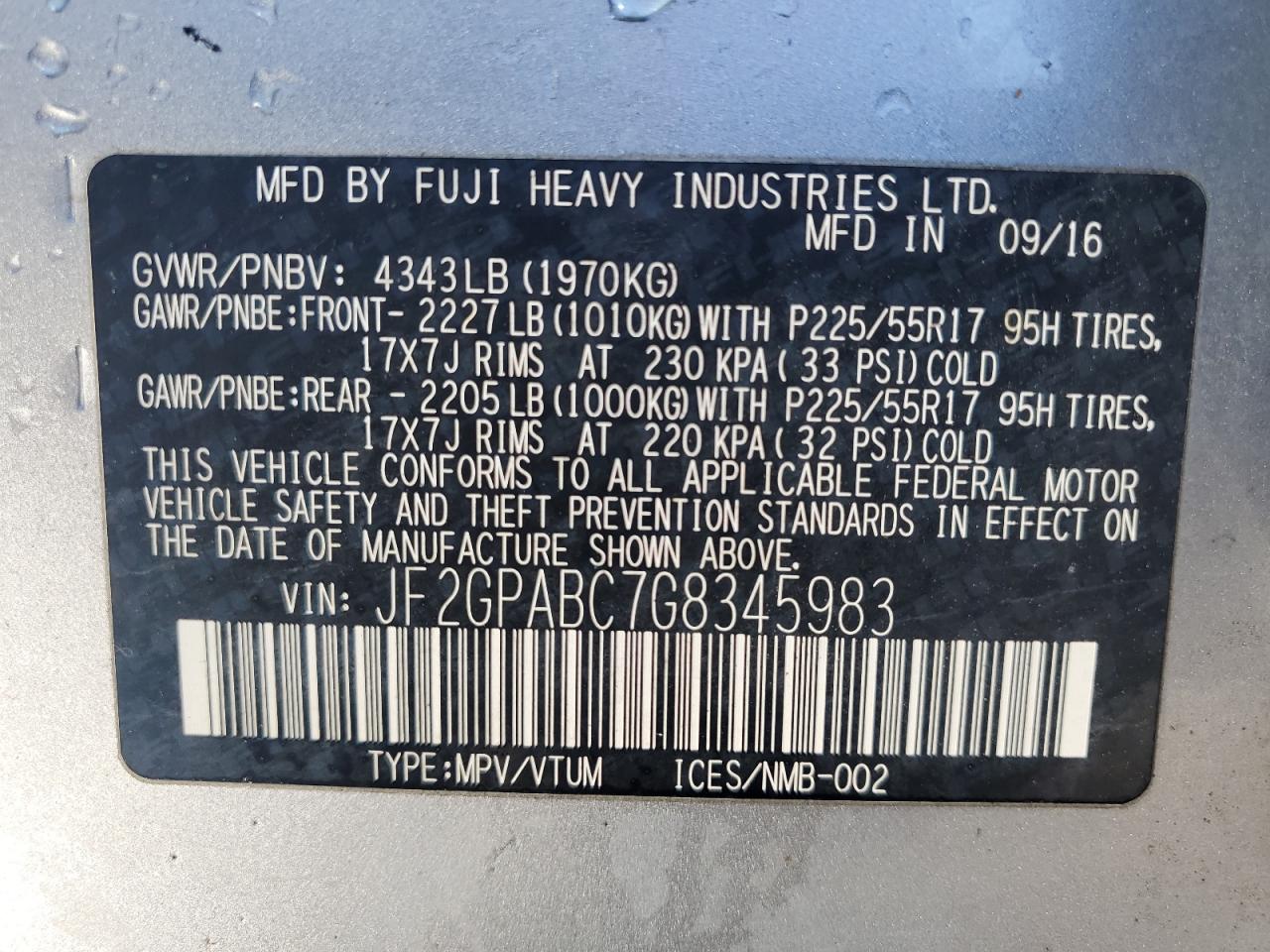 2016 Subaru XV VIN JF2GPABC7G8345983 Copart auction photo, rear end / front end damage thumbnail 14