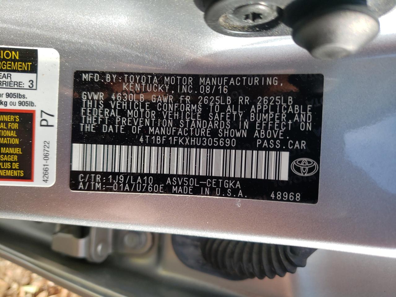 2017 Toyota Camry VIN 4T1BF1FKXHU305690 Copart auction photo, front end damage thumbnail 15