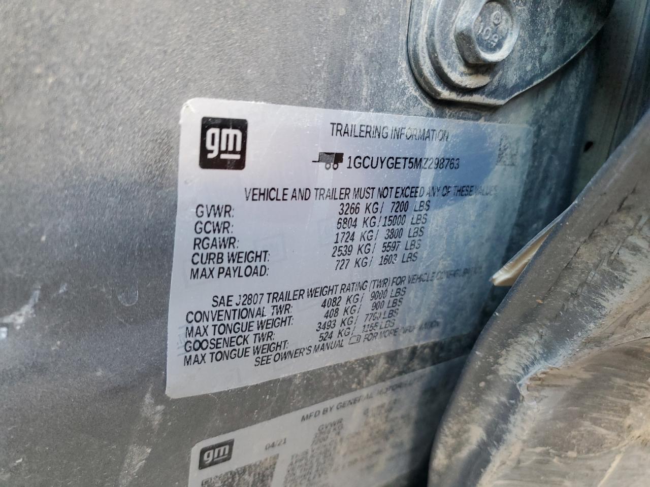 2021 Chevrolet Silverado VIN 1GCUYGET5MZ298763 Copart auction photo, all over damage thumbnail 12