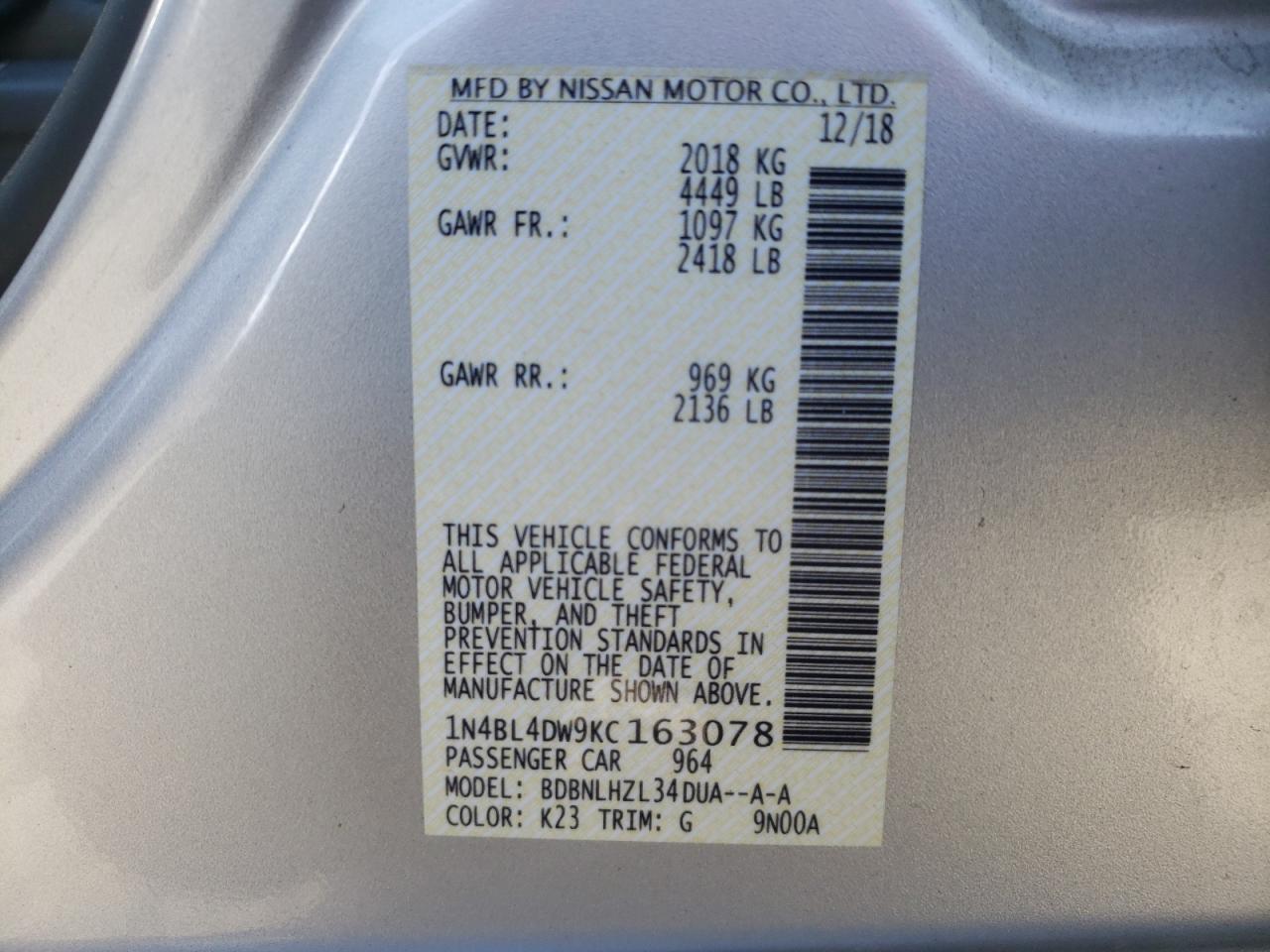 2019 Nissan Altima VIN 1N4BL4DW9KC163078 Copart auction photo, all over damage thumbnail 14