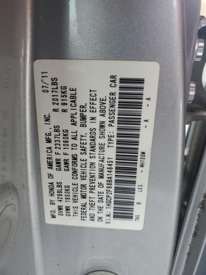 2011 Honda Accord VIN 1HGCP2F66BA146451 Copart auction photo, front end damage thumbnail 12