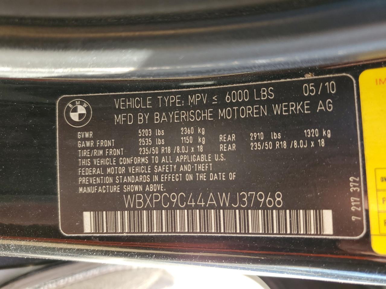 2010 BMW X3 VIN WBXPC9C44AWJ37968 Copart auction photo, front end / minor dent/scratches damage thumbnail 13