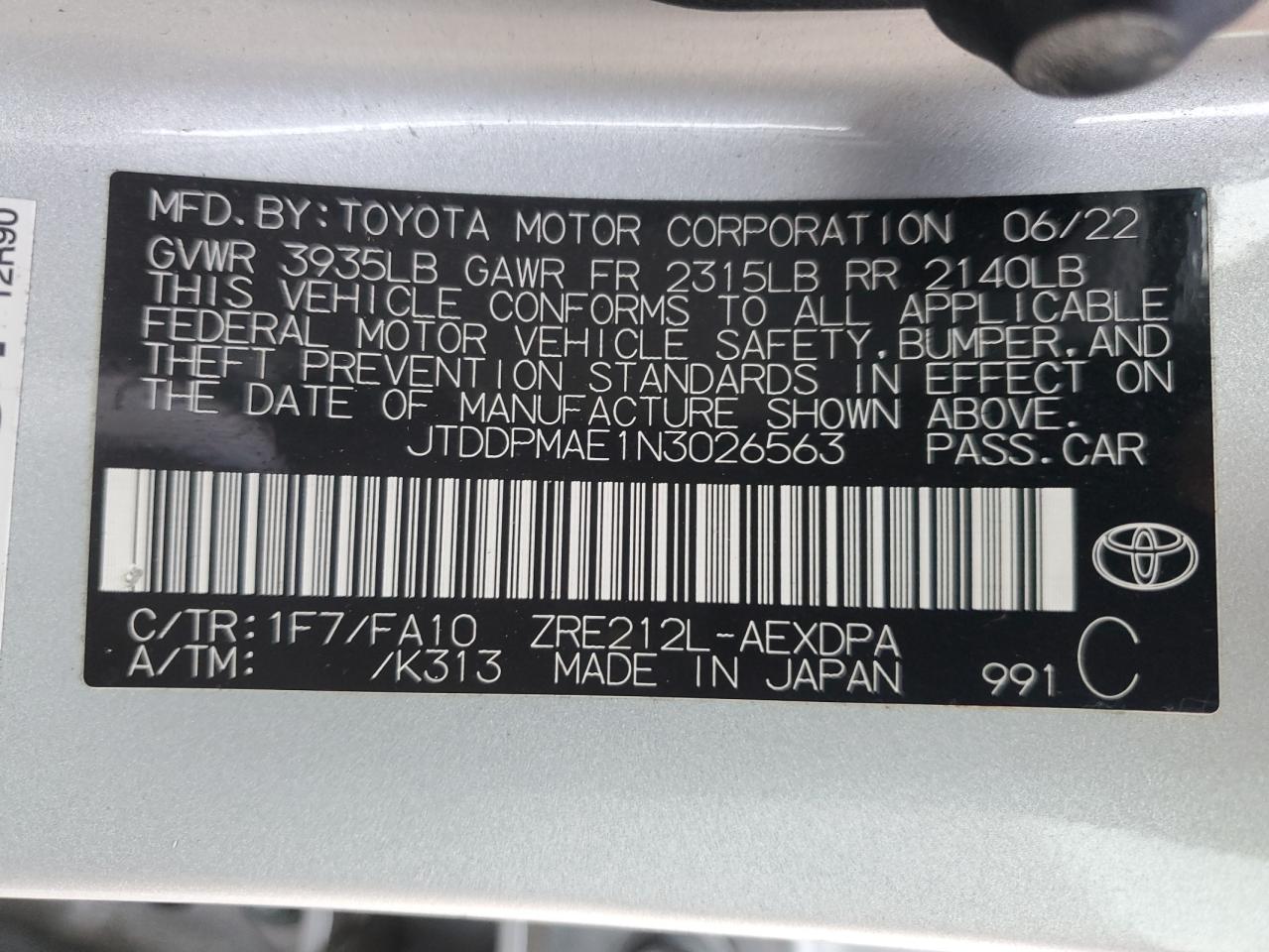 2022 Toyota Corolla VIN JTDDPMAE1N3026563 Copart auction photo, rear end / top/roof damage thumbnail 12