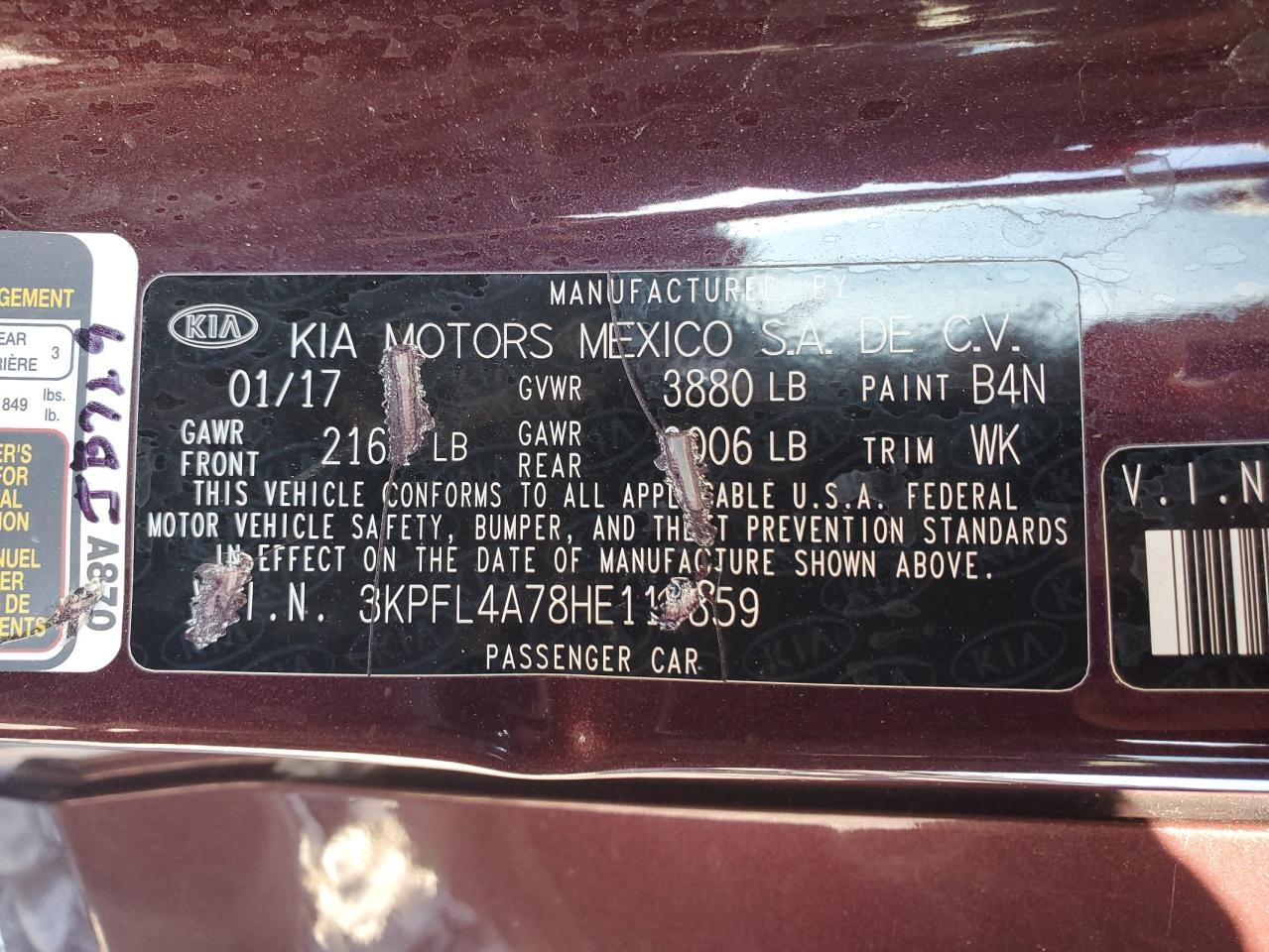 2017 KIA Forte VIN 3KPFL4A78HE116859 Copart auction photo, hail damage thumbnail 12