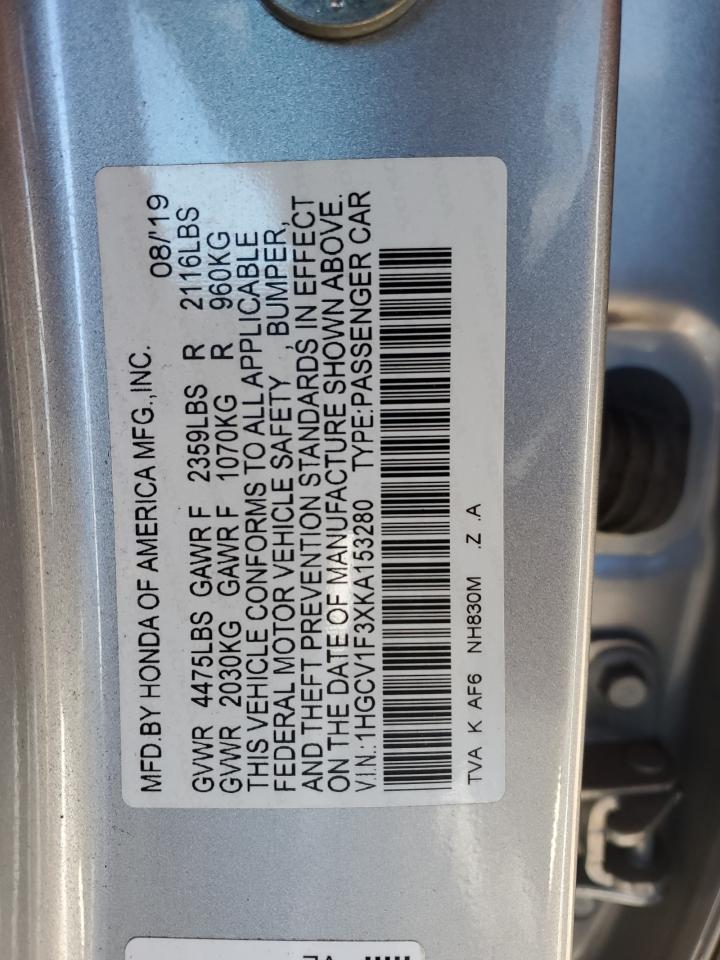 2019 Honda Accord VIN 1HGCV1F3XKA153280 Copart auction photo, rear end damage thumbnail 12
