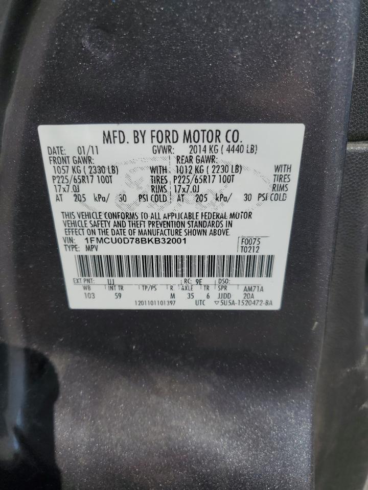 2011 Ford Escape VIN 1FMCU0D78BKB32001 Copart auction photo, front end / rear end damage thumbnail 13