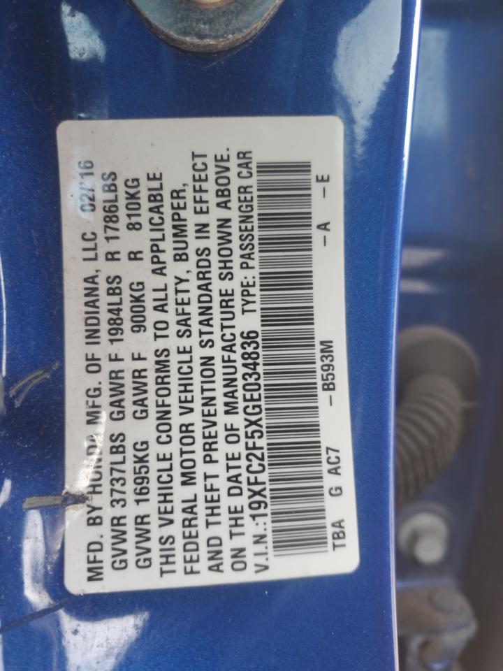 2016 Honda Civic VIN 19XFC2F5XGE034836 Copart auction photo, front end / mechanical damage thumbnail 14
