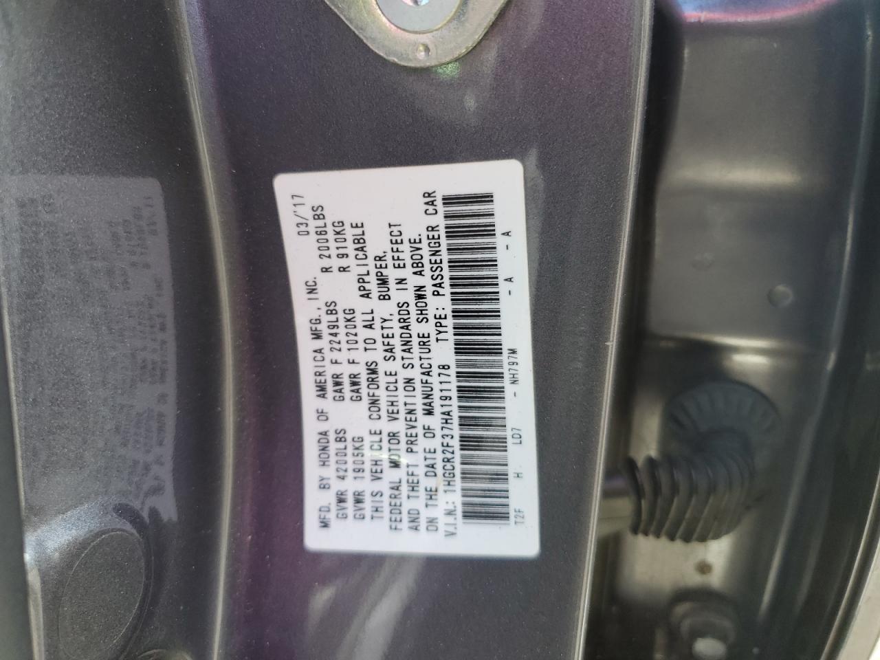2017 Honda Accord VIN 1HGCR2F37HA191178 Copart auction photo, rollover damage thumbnail 12