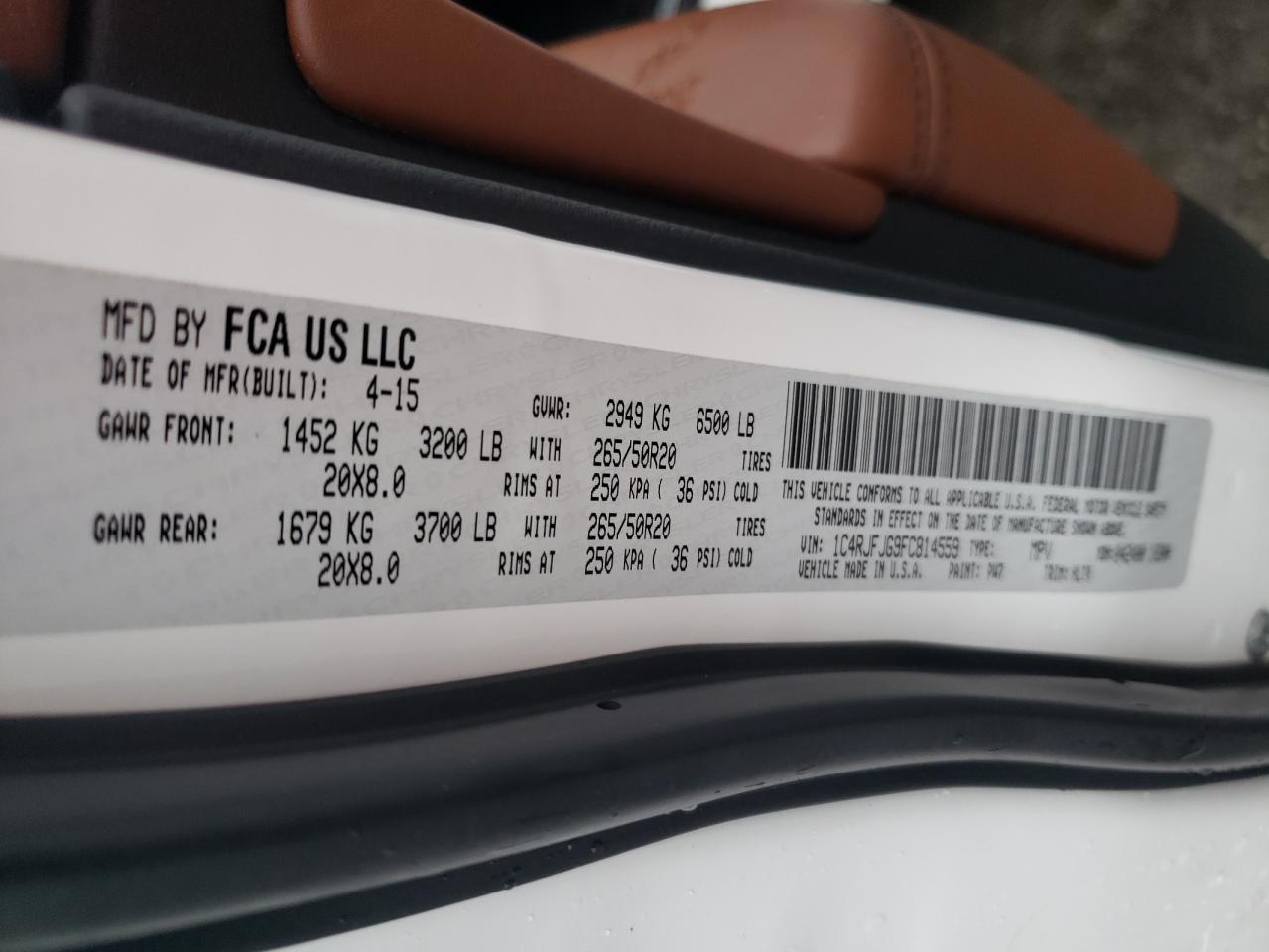 2015 Jeep Grand Cherokee VIN 1C4RJFJG9FC814559 Copart auction photo, front end / frame damage damage thumbnail 15