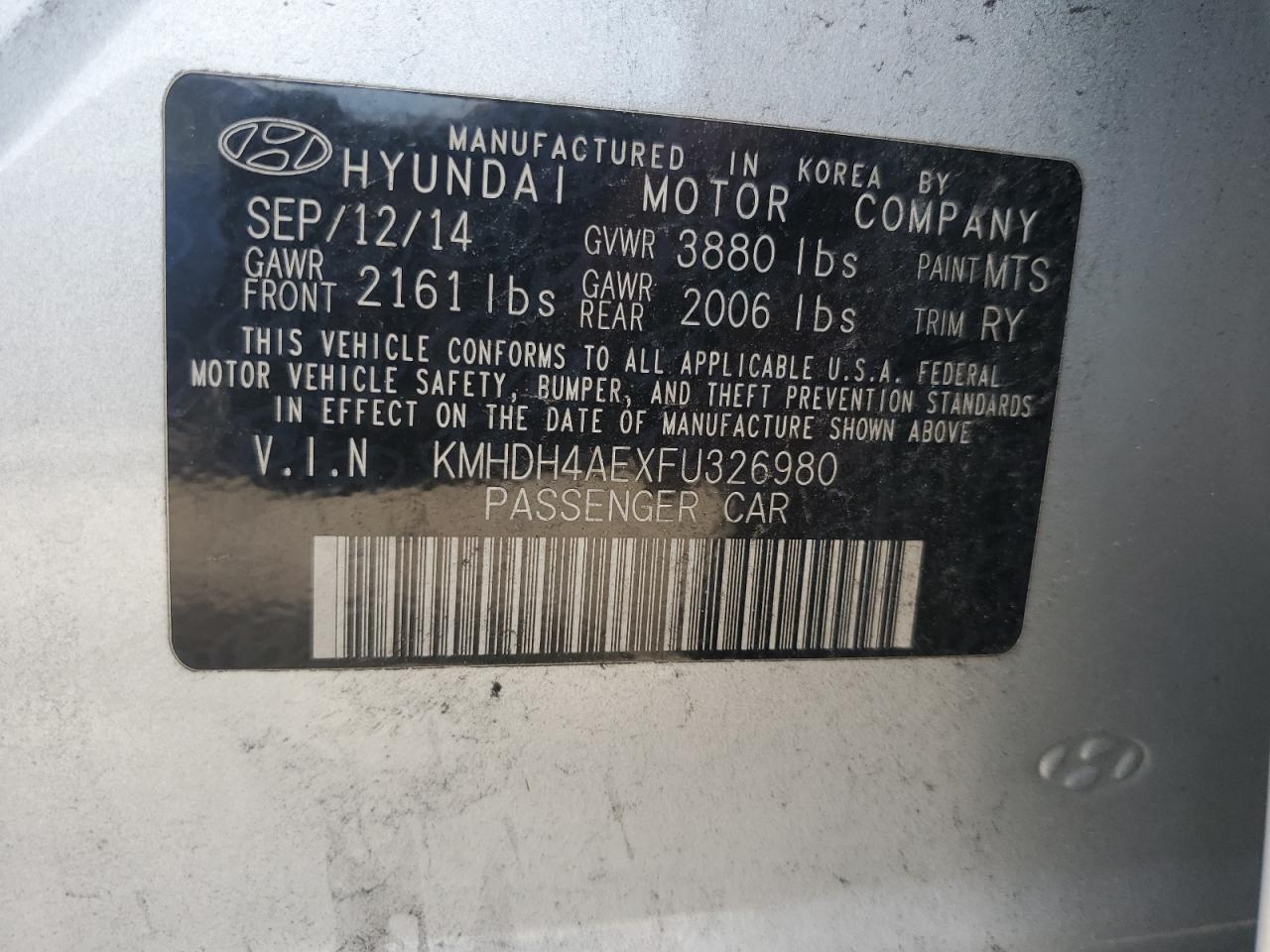 2015 Hyundai Elantra VIN KMHDH4AEXFU326980 Copart auction photo, front end damage thumbnail 12