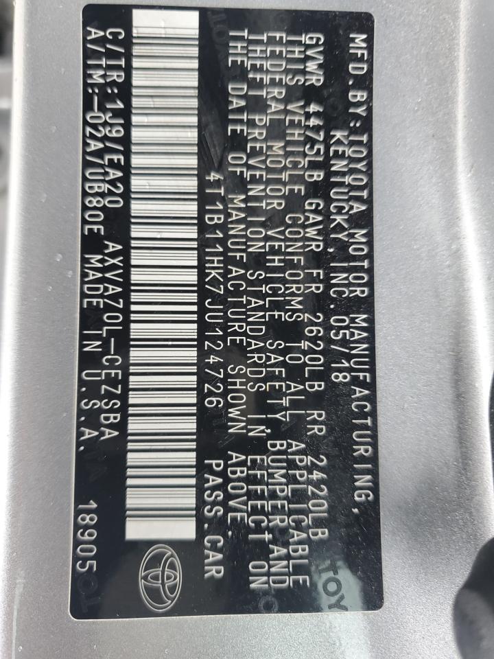 2018 Toyota Camry VIN 4T1B11HK7JU124726 Copart auction photo, minor dent/scratches damage thumbnail 12