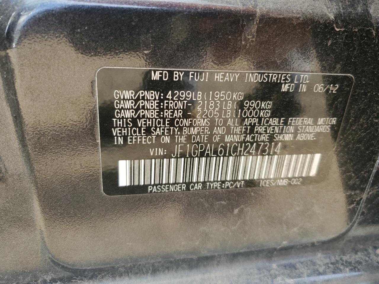 2012 Subaru Impreza VIN JF1GPAL61CH247314 Copart auction photo, front end / side damage thumbnail 13