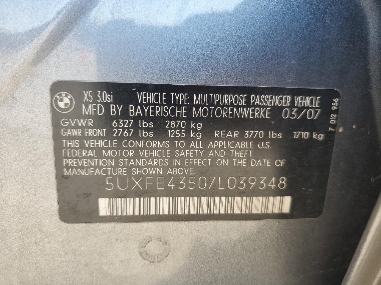 2007 BMW X5 VIN 5UXFE43507L039348 Copart auction photo, front end / side damage thumbnail 13