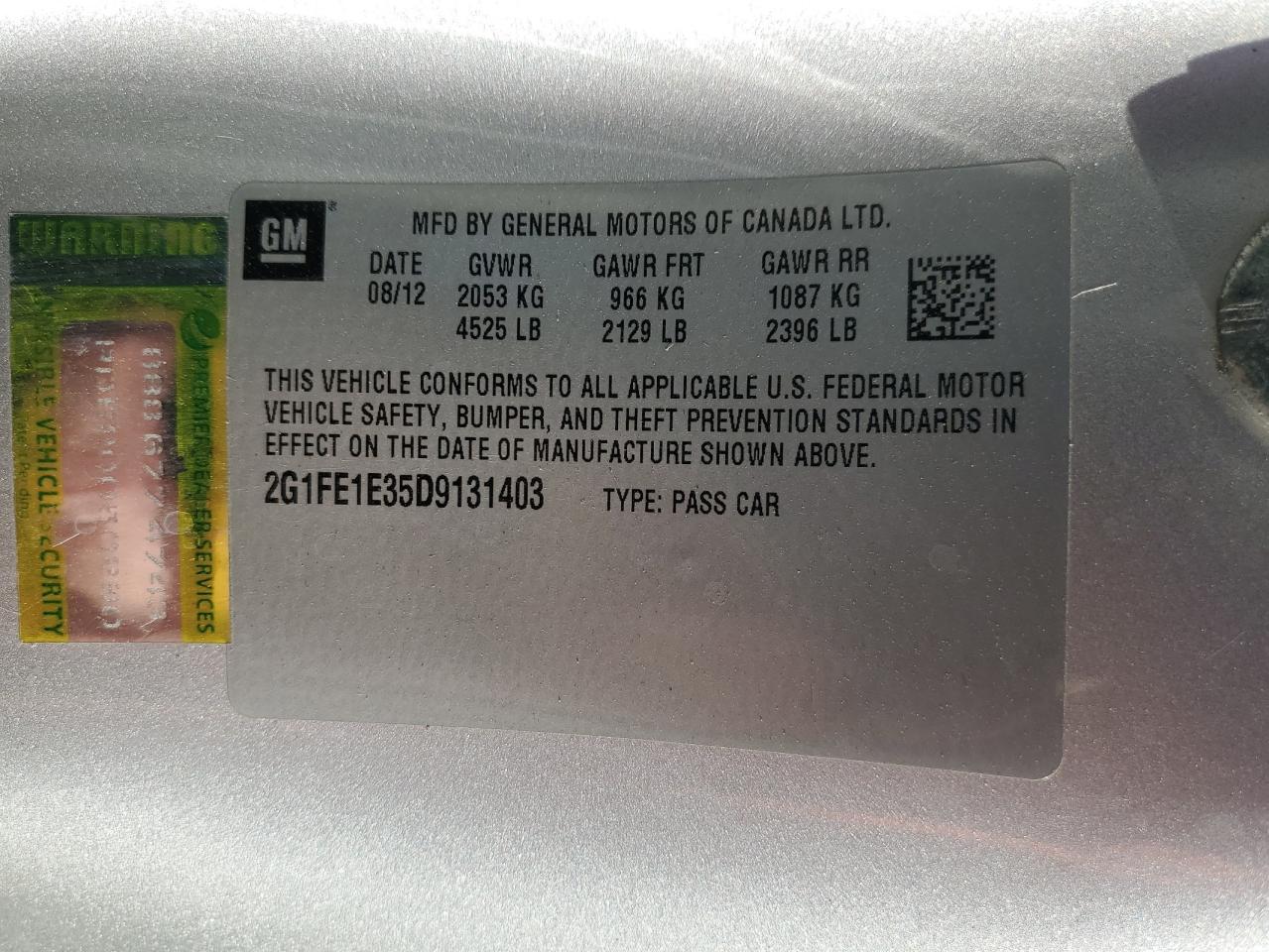 2013 Chevrolet Camaro VIN 2G1FE1E35D9131403 Copart auction photo, front end damage thumbnail 14