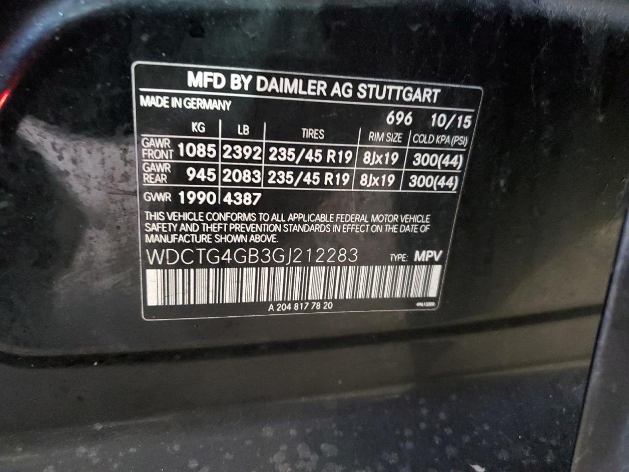 2016 Mercedes-Benz GLA-klasse VIN WDCTG4GB3GJ212283 Copart auction photo, rear end / side damage thumbnail 13