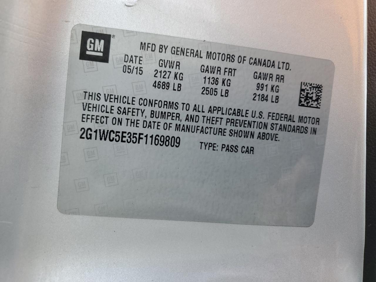 2015 Chevrolet Impala VIN 2G1WC5E35F1169809 Copart auction photo, rear end damage thumbnail 12