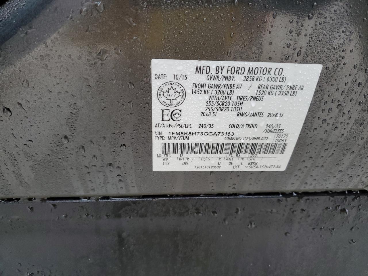 2016 Ford Explorer VIN 1FM5K8HT3GGA73163 Copart auction photo, water/flood / mechanical damage thumbnail 14