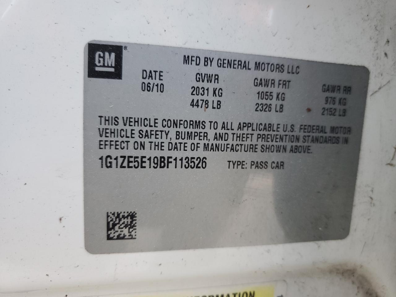 2011 Chevrolet Malibu VIN 1G1ZE5E19BF113526 Copart auction photo, water/flood damage thumbnail 13