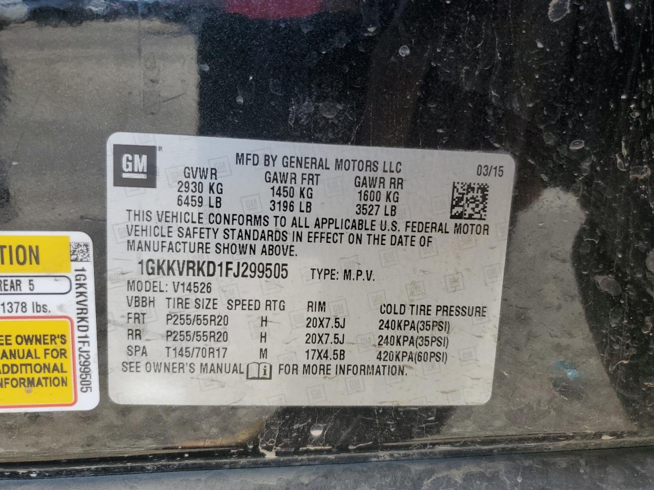 2015 GMC Acadia VIN 1GKKVRKD1FJ299505 Copart auction photo, hail damage thumbnail 13