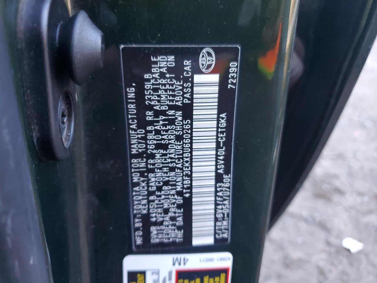 2011 Toyota Camry VIN 4T1BF3EKXBU660265 Copart auction photo, all over damage thumbnail 13